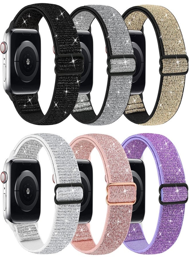 MEULOT Bling Nylon Stretchy Bands Compatible With Apple Watch Bands 38mm 40mm 41mm For Women, Adjustable Braided Loop Sport Band For iWatch Series Ultra 10 9 8 7 6 5 4 3 2 1 SE, 6 Pack Sparkly Shiny Black - Image 1