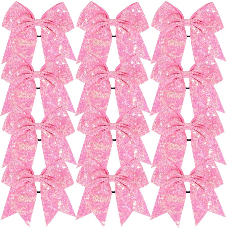 Jeffan 12 Pcs Large Glitter Ponytail Holders - Big 8" Hair Bows and Elastic Hair Ties for Cheerleaders, Sports and Teens (Pink) - Image 1