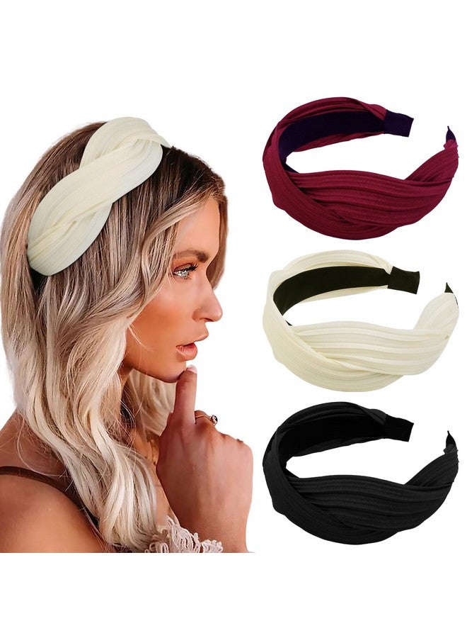 WOVOWOVO 3 Packs Twisted Headbands For Women Non Slip Wide Pleated Head Bands Wide Fashion Hairbands Black Wine White Headband Hair Hoops Accessories  - Image 1