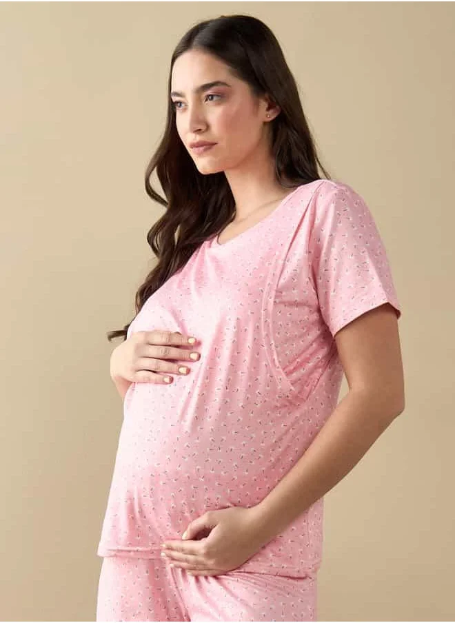 FAV All-Over Floral Print Nursing T-shirt and Pyjama Set