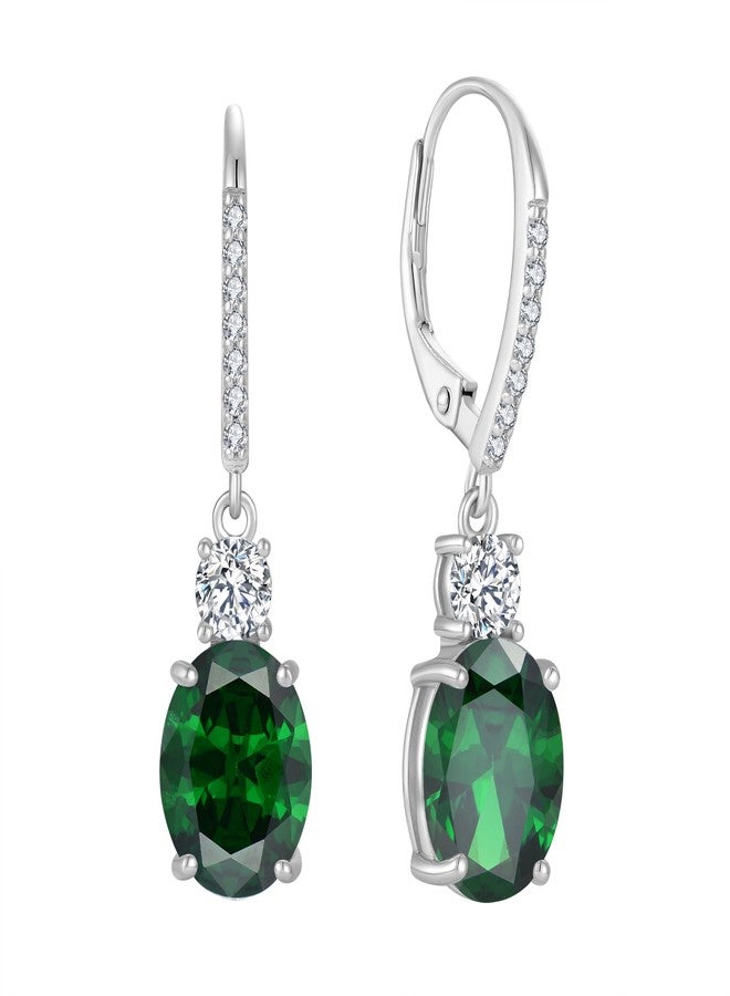 FJ Emerald Drop Earrings Dangle 925 Sterling Silver Solitaire Leverback Earrings May Birthstone Jewelry for Women - Image 1