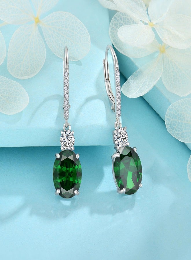 FJ Emerald Drop Earrings Dangle 925 Sterling Silver Solitaire Leverback Earrings May Birthstone Jewelry for Women - Image 4