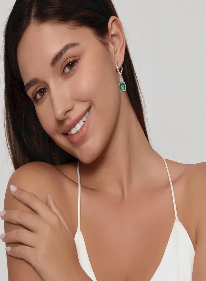 FJ Emerald Drop Earrings Dangle 925 Sterling Silver Solitaire Leverback Earrings May Birthstone Jewelry for Women - Image 2