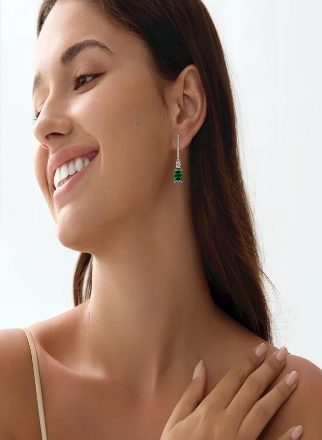 FJ Emerald Drop Earrings Dangle 925 Sterling Silver Solitaire Leverback Earrings May Birthstone Jewelry for Women - Image 3