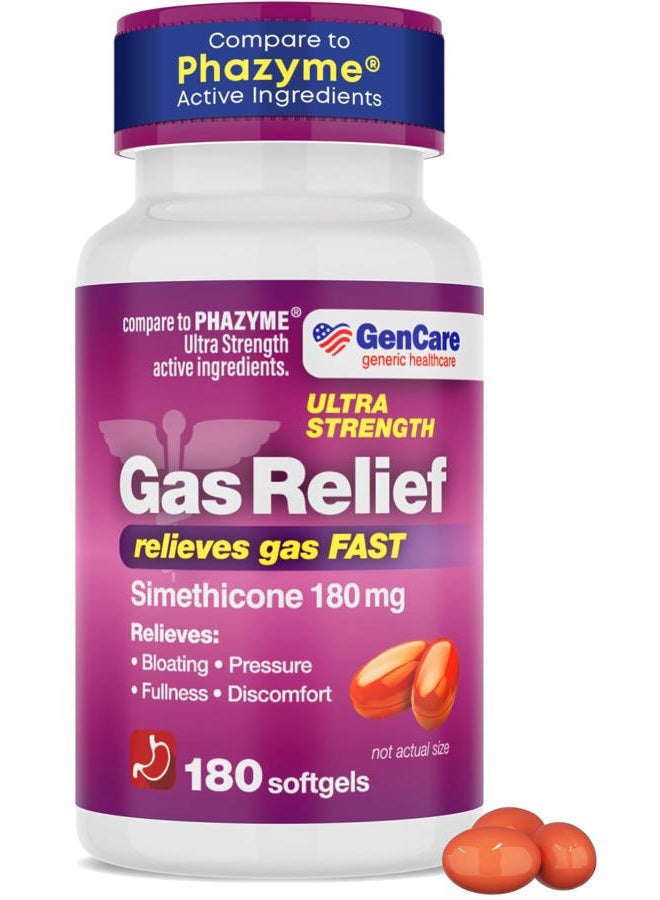 Gencare - Ultra Strength Simethicone Gas Relief 180 Mg (180 Softgels) | Anti Flatulence, Bloating Aid, Stomach Discomfort And Pressure Reliever Pills Relieves Fast Generic Phazym - Image 1