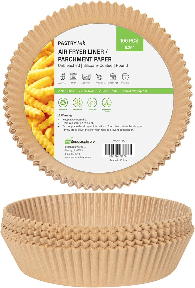 Restaurantware RestaurantwarePastry Tek 63 x 63 x 18 Inch Air Fryer Liners 100 Round Air Fryer Baskets  NoStick Silicone Coating Unbleached FoodGrade Paper Liners For Steamer Microwave Oven Fry Pan  - Image 1