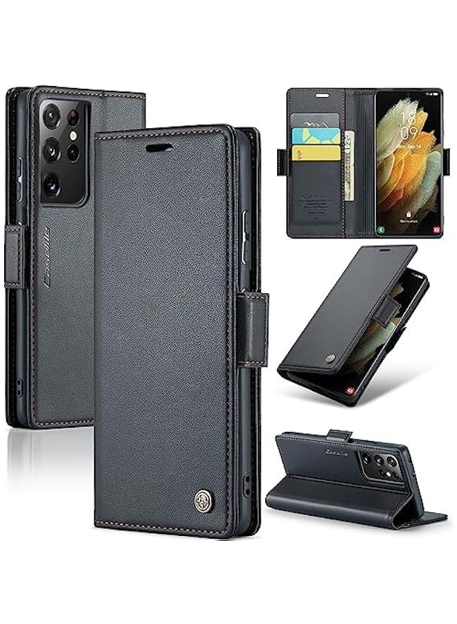 RFID Blocking Case for Samsung Galaxy S21 Ultra - Durable Leather Flip Case with Card Holder, Kickstand, and Magnetic Closure (Black) - Image 1