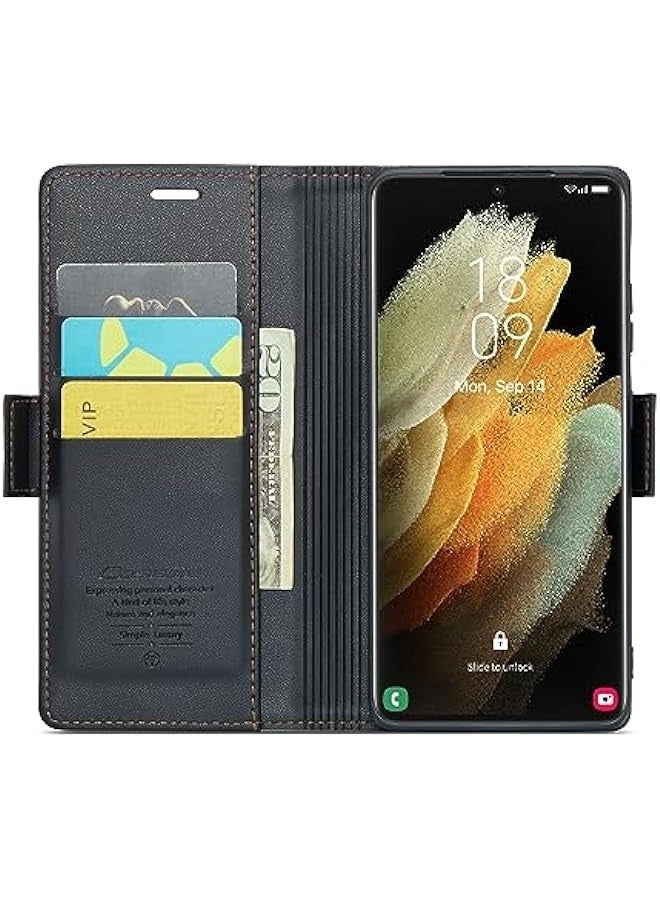 RFID Blocking Case for Samsung Galaxy S21 Ultra - Durable Leather Flip Case with Card Holder, Kickstand, and Magnetic Closure (Black) - Image 2