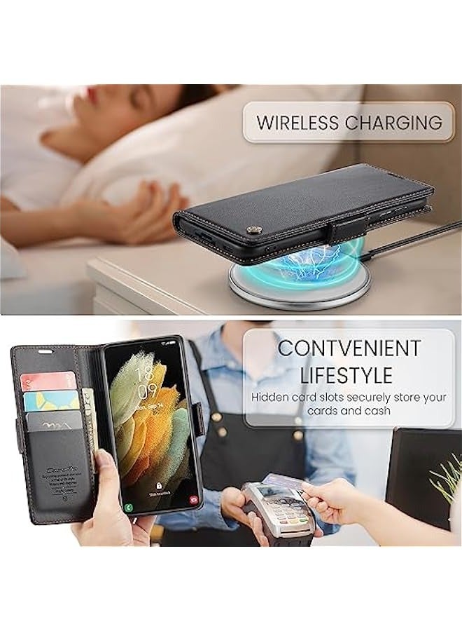 RFID Blocking Case for Samsung Galaxy S21 Ultra - Durable Leather Flip Case with Card Holder, Kickstand, and Magnetic Closure (Black) - Image 5