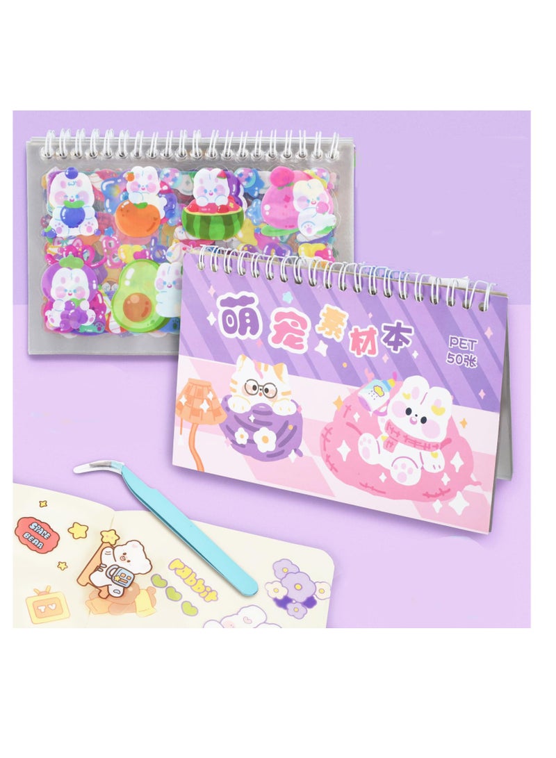 SYOSI Cartoon Bear Rabbit Stickers, 50 Sheets Kawaii Coil Sticker Book, PET Transparent Bunny Scrapbook, Waterproof Decals with Tweezers for Kids DIY Journaling - Image 1