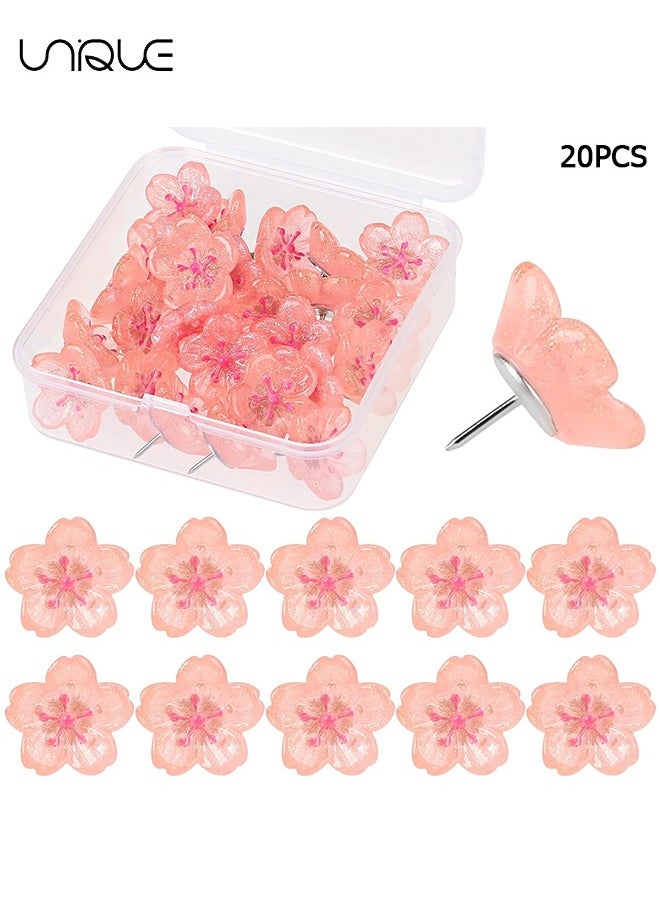 Unique 20 Pcs Cherry Blossoms Push Pins, Pink Resin Glitter Flower Push Pins Decorative Thumb Tacks for Wall Hangings, Bulletin Board,Maps, Office Wall  - Image 1