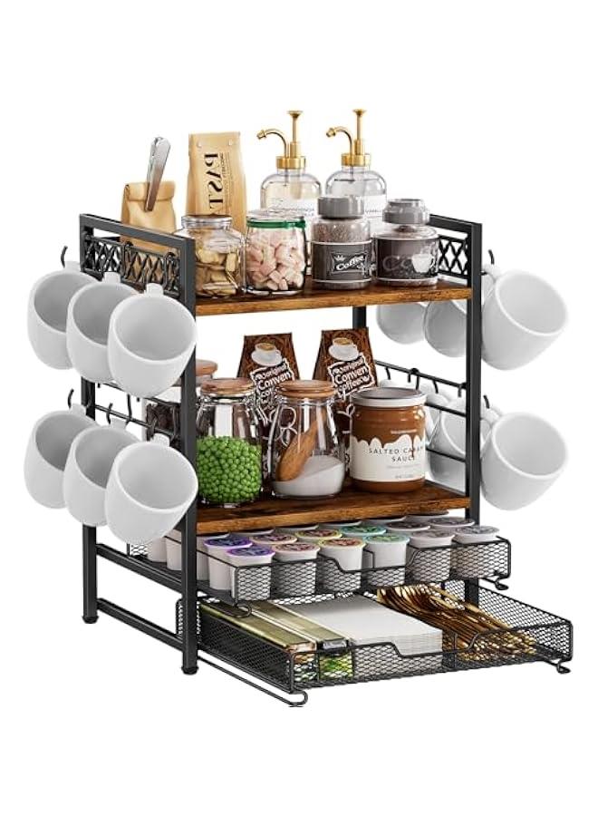 Arabest Coffee Bar Organizer Countertop Station Shelf - 4 Tier Mug Holder Stand With 12 Hooks, 30 K Cup Pod Drawer, Multifunctional Shelf for Accessories Kitchen - Image 1