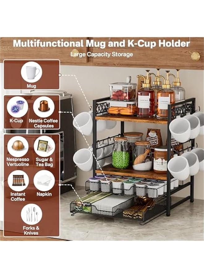 Arabest Coffee Bar Organizer Countertop Station Shelf - 4 Tier Mug Holder Stand With 12 Hooks, 30 K Cup Pod Drawer, Multifunctional Shelf for Accessories Kitchen - Image 2