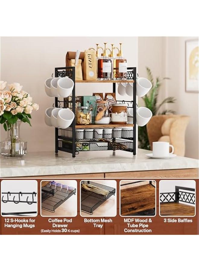 Arabest Coffee Bar Organizer Countertop Station Shelf - 4 Tier Mug Holder Stand With 12 Hooks, 30 K Cup Pod Drawer, Multifunctional Shelf for Accessories Kitchen - Image 5