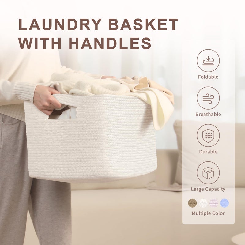 SunNewt 45L Small Baby Girls Laundry Basket for Nursery Storage,Cute Woven cotton Rope Baskets for Kids Toyï¼ŒGifts,Boho Square Wicker Blanket hamper for Living Room,Bedroom Dirty Clothes, White - Image 4