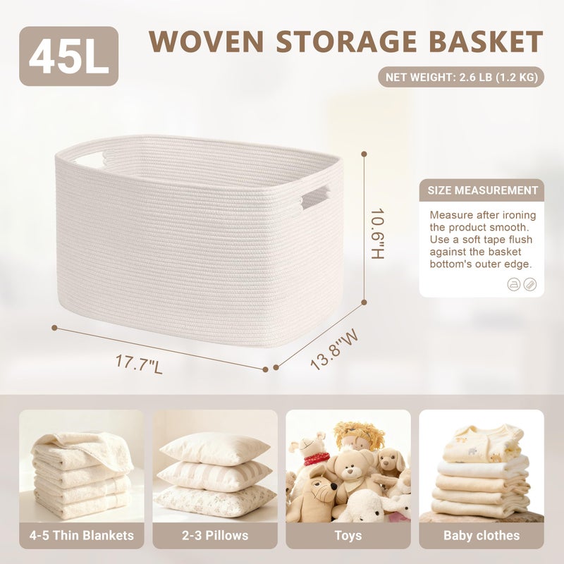 SunNewt 45L Small Baby Girls Laundry Basket for Nursery Storage,Cute Woven cotton Rope Baskets for Kids Toyï¼ŒGifts,Boho Square Wicker Blanket hamper for Living Room,Bedroom Dirty Clothes, White - Image 2