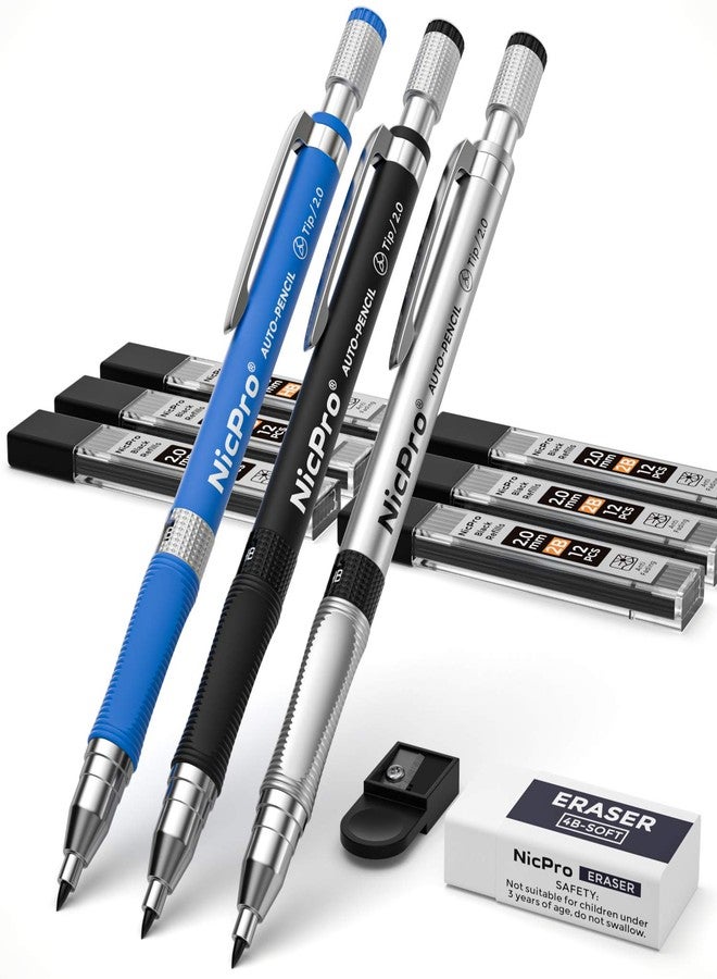 Nicpro 11 Pieces 2mm Mechanical Pencil Set, 3 PCS Carpenter Drafting Pencil 2.0 mm for Art Drawing Writing Sketching Construction with 6 Tube Pre-Sharpen HB & 2B Refill, Eraser, Sharpener - Image 1