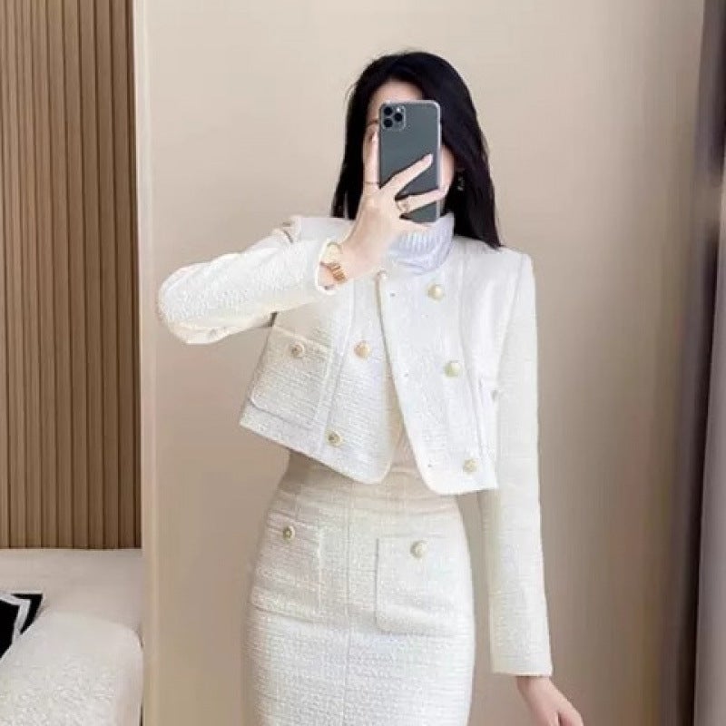 Spring and Autumn Chanel Style suit Womens New This Years Professional Casual Fashion Elegant Short Jacket Skirt Two-piece Set Single short jacket [white] 