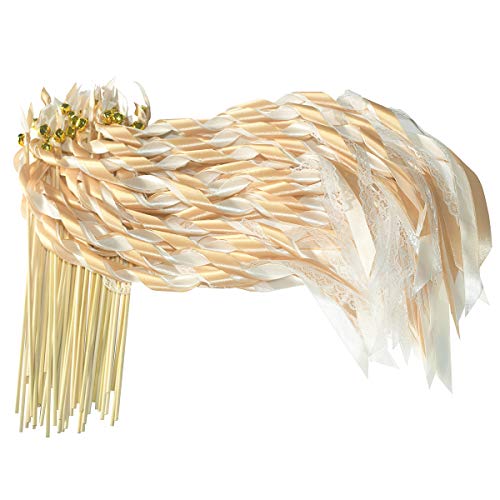 Kingsnow 50 Pack Champagne Lace Ribbon Wands Party Streamers with Bells Silk Fairy Stick Wand Party Favors for Wedding Send off Party Activities Baby Shower Holiday Celebration - Image 1