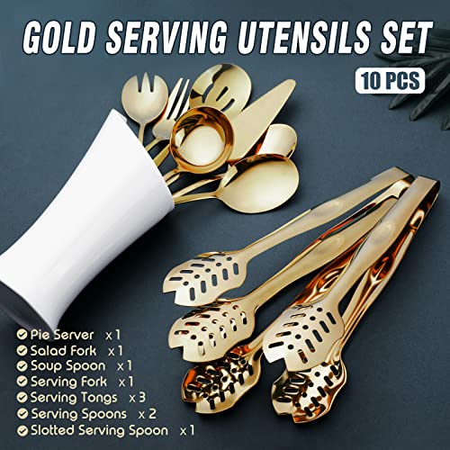 OGORI Gold Serving Utensils, OGORI 10-Piece Polished Stainless Steel Gold Serving Utensils Set Include Serving Spoons, Slotted Serving Spoon, Serving Tongs, Serving Fork, Salad Fork, Soup Ladle, Pie Server - Image 2