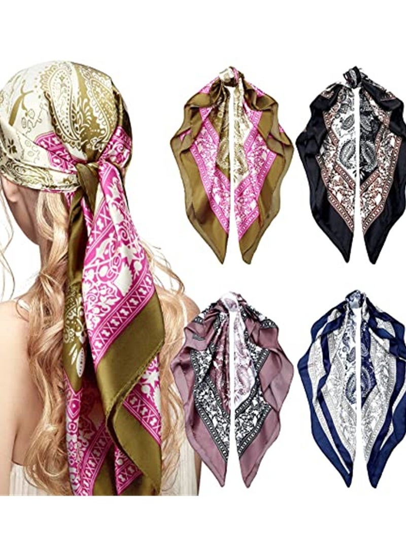 4 Pack 35 Inch Satin Head Scarves - Luxurious Large Square Silky Headbands for Women & Girls (Simple Series) - Image 1