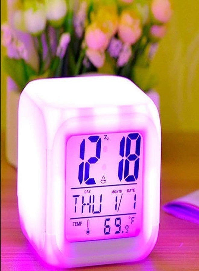 SHOPMENT متجر 7 ساعات منبه رقمية LED متغيرة الألوان مع التاريخ والوقت ودرجة الحرارة، متعددة الألوان، بلاستيكية، مناسبة للمكتب وغرفة النوم - Image 2