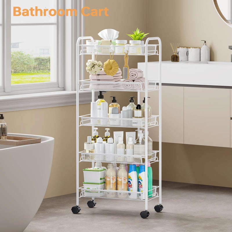 TOOLF 5-Tier Rolling Cart, Metal Utility Cart with 3 Hooks, Easy Assemble Mobile Storage Trolley On Wheels, Metal Shelving Units Kitchen Bathroom Laundry Room - Image 2