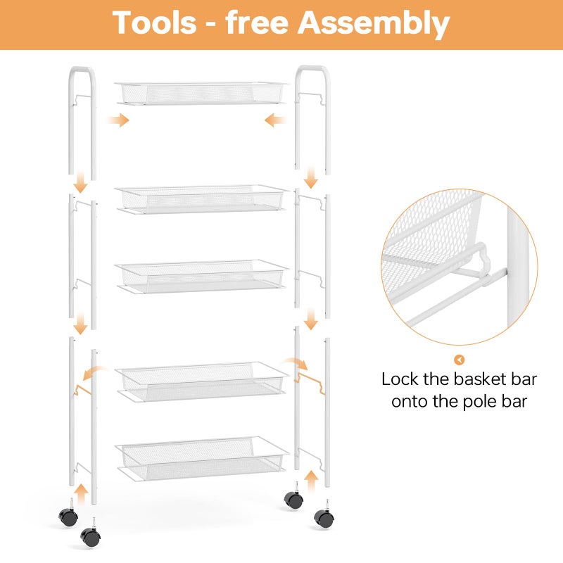 TOOLF 5-Tier Rolling Cart, Metal Utility Cart with 3 Hooks, Easy Assemble Mobile Storage Trolley On Wheels, Metal Shelving Units Kitchen Bathroom Laundry Room - Image 3