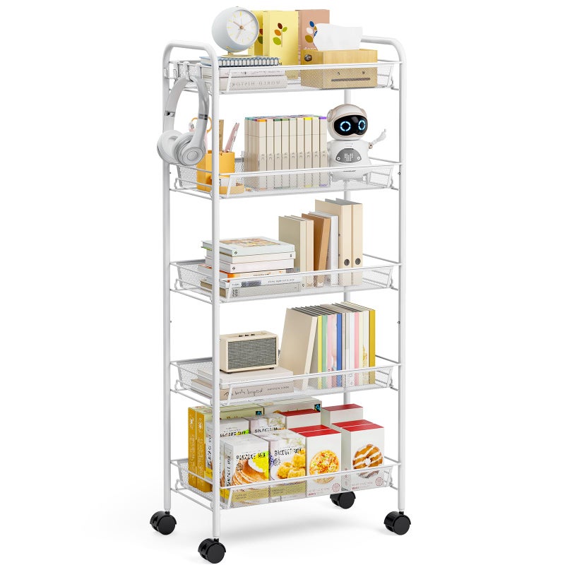 TOOLF 5-Tier Rolling Cart, Metal Utility Cart with 3 Hooks, Easy Assemble Mobile Storage Trolley On Wheels, Metal Shelving Units Kitchen Bathroom Laundry Room - Image 1