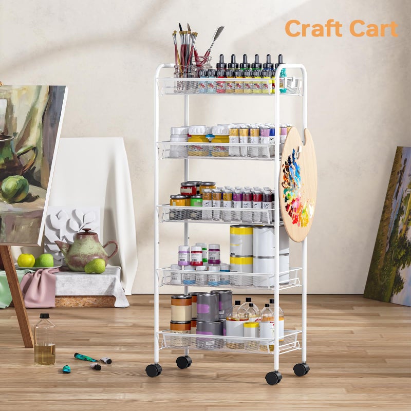 TOOLF 5-Tier Rolling Cart, Metal Utility Cart with 3 Hooks, Easy Assemble Mobile Storage Trolley On Wheels, Metal Shelving Units Kitchen Bathroom Laundry Room - Image 5