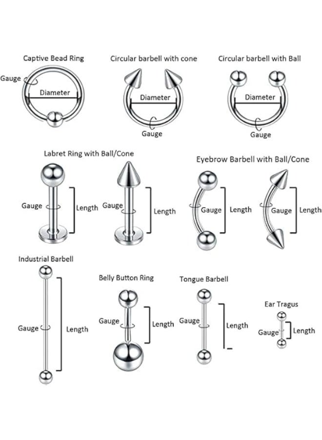 Ucanbe 64PCS Stainless Steel Piercing Jewelry Set, 14G & 16G Ear Cartilage Tragus Nose Septum Lip Tongue Daith Eyebrow Belly Button Rings, Silver Body Piercing Kit - Image 5