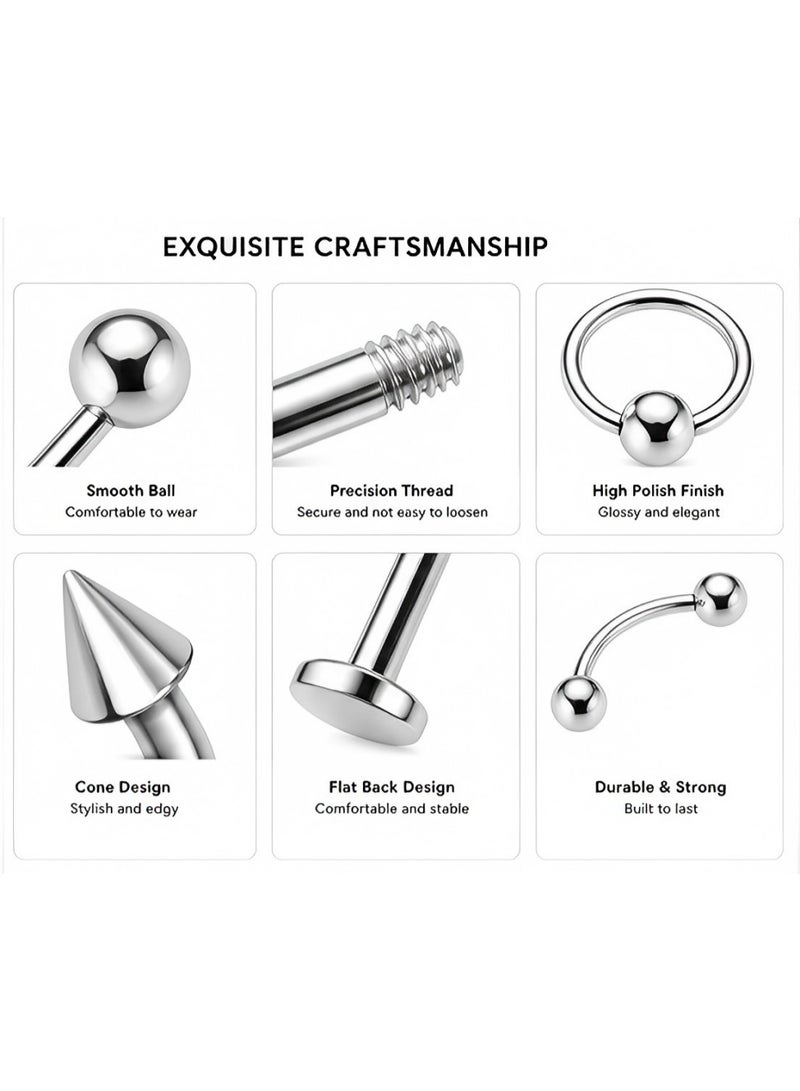 Ucanbe 64PCS Stainless Steel Piercing Jewelry Set, 14G & 16G Ear Cartilage Tragus Nose Septum Lip Tongue Daith Eyebrow Belly Button Rings, Silver Body Piercing Kit - Image 4