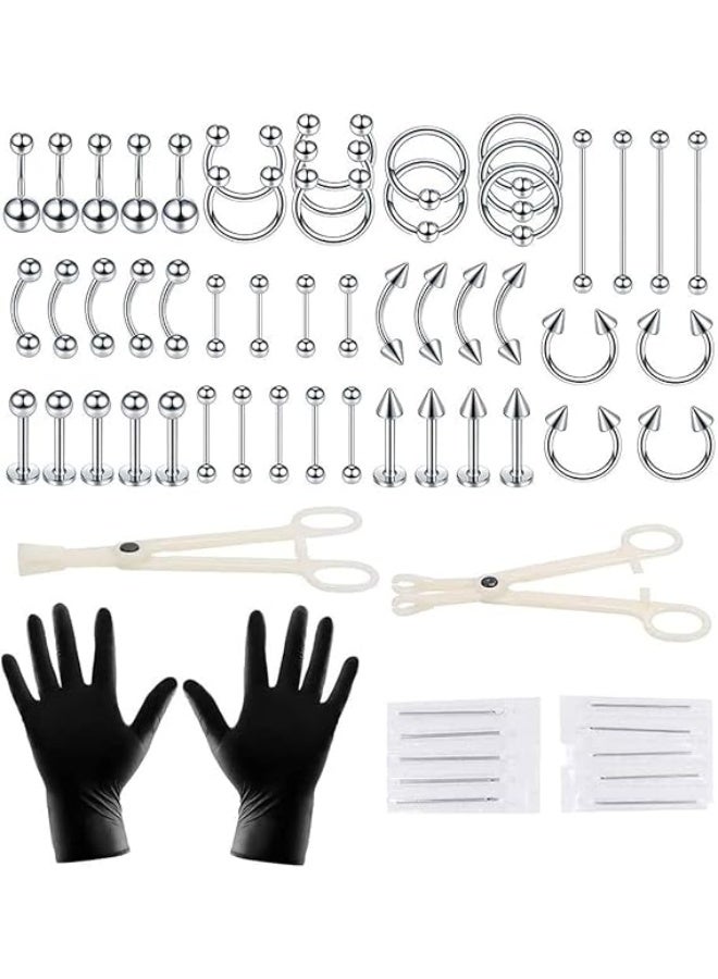 Ucanbe 64PCS Stainless Steel Piercing Jewelry Set, 14G & 16G Ear Cartilage Tragus Nose Septum Lip Tongue Daith Eyebrow Belly Button Rings, Silver Body Piercing Kit - Image 1