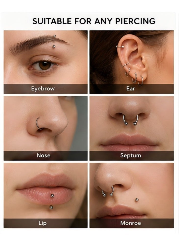 Ucanbe 64PCS Stainless Steel Piercing Jewelry Set, 14G & 16G Ear Cartilage Tragus Nose Septum Lip Tongue Daith Eyebrow Belly Button Rings, Silver Body Piercing Kit - Image 3