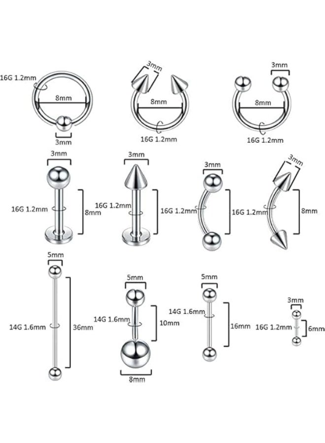 Ucanbe 64PCS Stainless Steel Piercing Jewelry Set, 14G & 16G Ear Cartilage Tragus Nose Septum Lip Tongue Daith Eyebrow Belly Button Rings, Silver Body Piercing Kit - Image 2