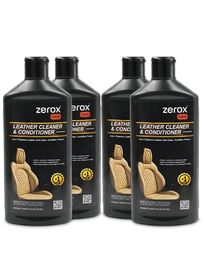 زيروكسكير 4 قطع من Zerox Care: منظف ومرطب للجلد (473 مل) – كريم العناية بجلد مقاعد السيارات (3 في 1) – ينظف ويلمّع ويحمي – ملمّع للجلد الداخلي يعيد إليه النعومة ويزيل الأوساخ والبقع – للعناية بالسيارات والأرائك والأحذية والحقائب. - Image 1