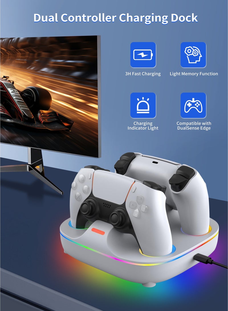 DOBE PS5 Controller Charging Stand - Dual Charging for PS5 DualSense Controllers, Fast 2.5 Hours Charging, RGB Lighting, Overcharge Prevention, LED Indicator, USB-C Cable Included - White - Image 3