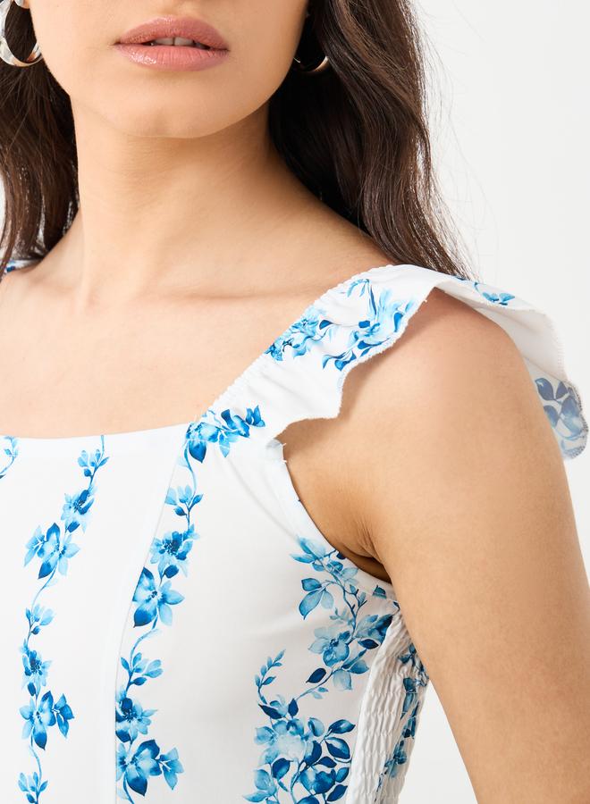 Take Two Floral Print Square Neck Smocking Detail Midi Dress - Image 4