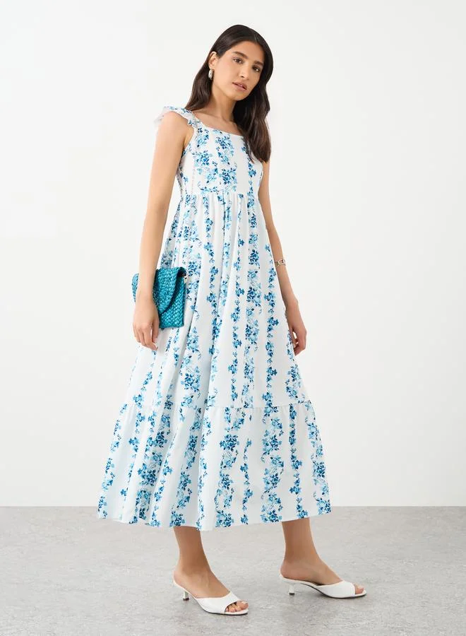 Take Two Take Two Floral Print Square Neck Smocking Detail Midi Dress