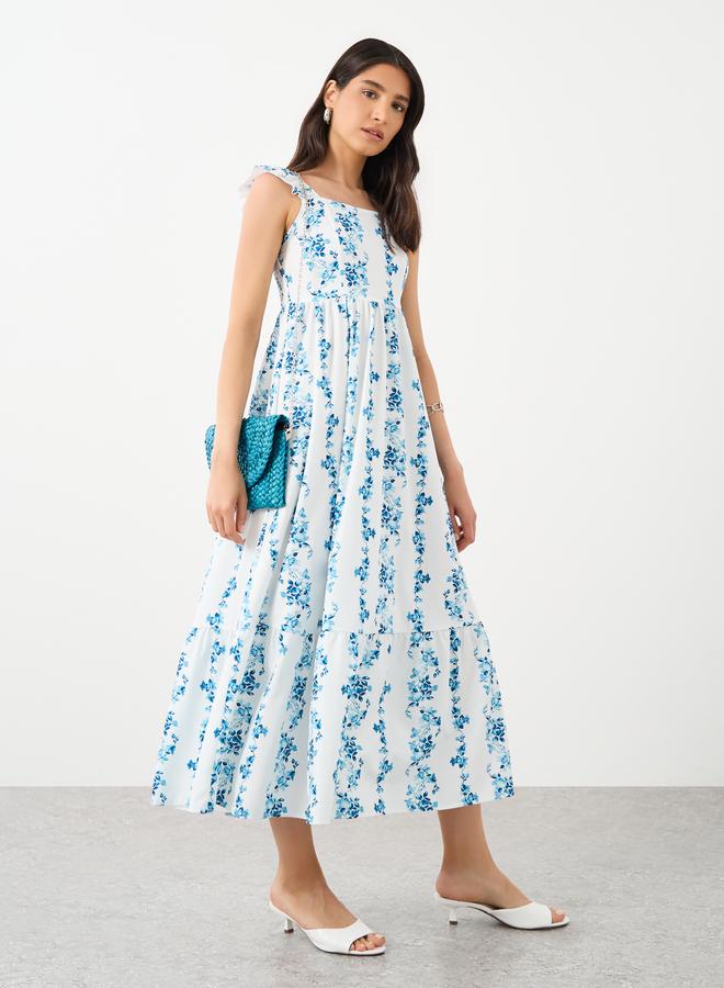 Take Two Floral Print Square Neck Smocking Detail Midi Dress - Image 1