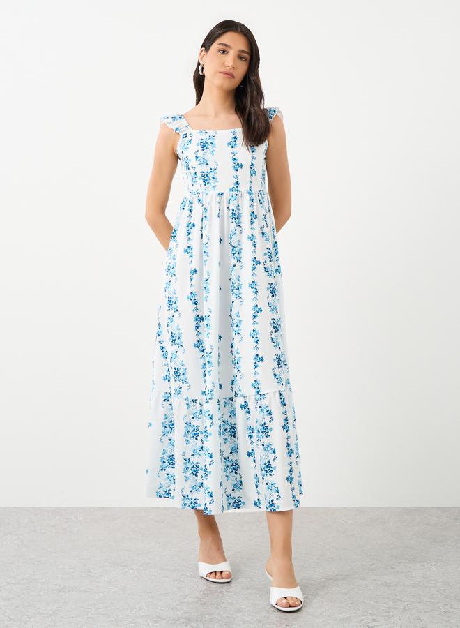Take Two Floral Print Square Neck Smocking Detail Midi Dress - Image 2