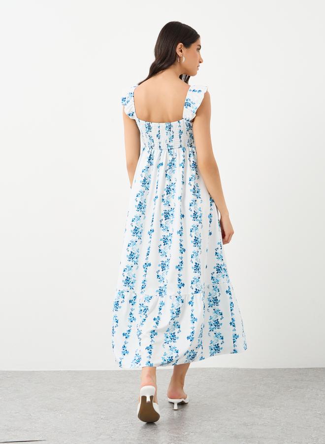 Take Two Floral Print Square Neck Smocking Detail Midi Dress - Image 5