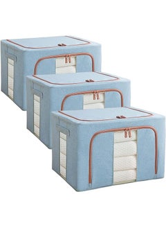 3 Pack Clothes Storage Bag Foldable Closet Organizers Storage Containers,Large Storage Bins for Comforters, Blankets, Bedding,Toys, Books, Foldable with Sturdy Zipper,Clear Window, 72l-Blue