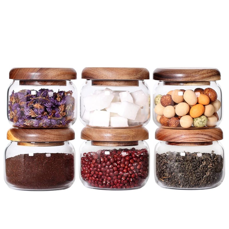 SAIOOL Kitchen Canisters Set of 6-8.5oz Glass Spice Jars With Acacia Airtight Lid and Labels Round Spice Bottles for kitchen Seasoning Baby Food Kids Snacks Meal Prep Containers Candle - Image 2