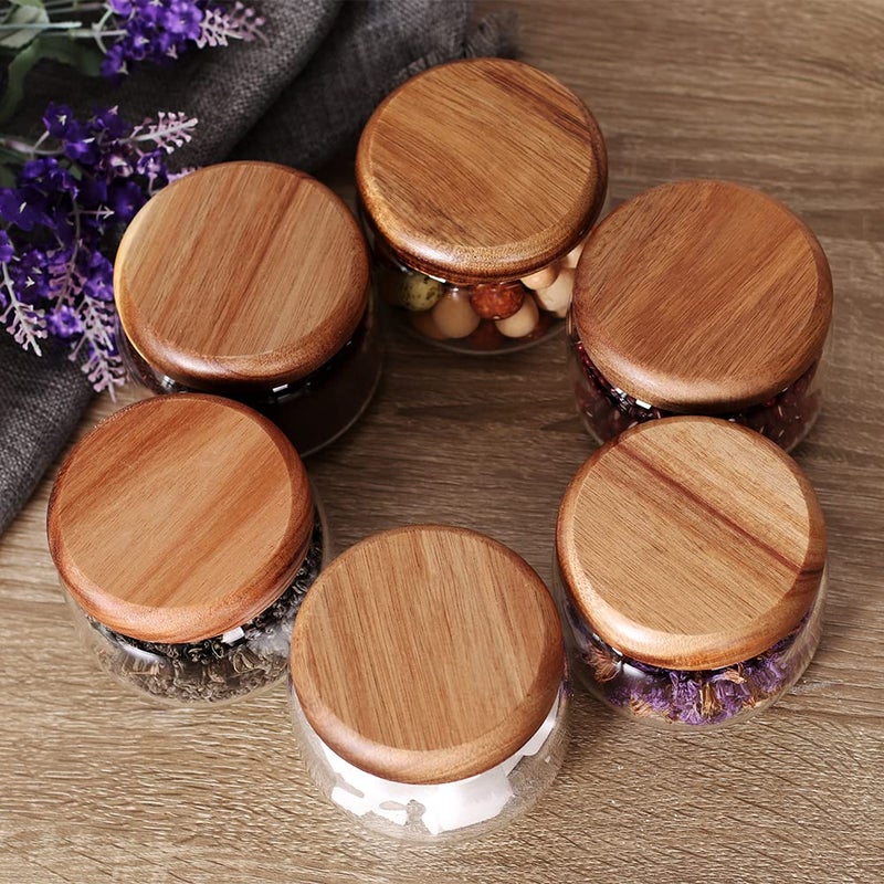 SAIOOL Kitchen Canisters Set of 6-8.5oz Glass Spice Jars With Acacia Airtight Lid and Labels Round Spice Bottles for kitchen Seasoning Baby Food Kids Snacks Meal Prep Containers Candle - Image 5