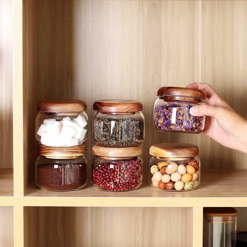 SAIOOL Kitchen Canisters Set of 6-8.5oz Glass Spice Jars With Acacia Airtight Lid and Labels Round Spice Bottles for kitchen Seasoning Baby Food Kids Snacks Meal Prep Containers Candle - Image 1