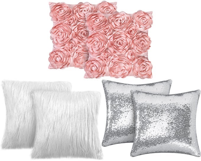 6 PCS DECORATIVE 3D ROSE FLOWER PILLOW COVER 16 X 16 INCH FAUX FUR THROW PILLOW COVERS FOR BED SQUARE SOFA BEDROOM CARPINK WHITE SILVER