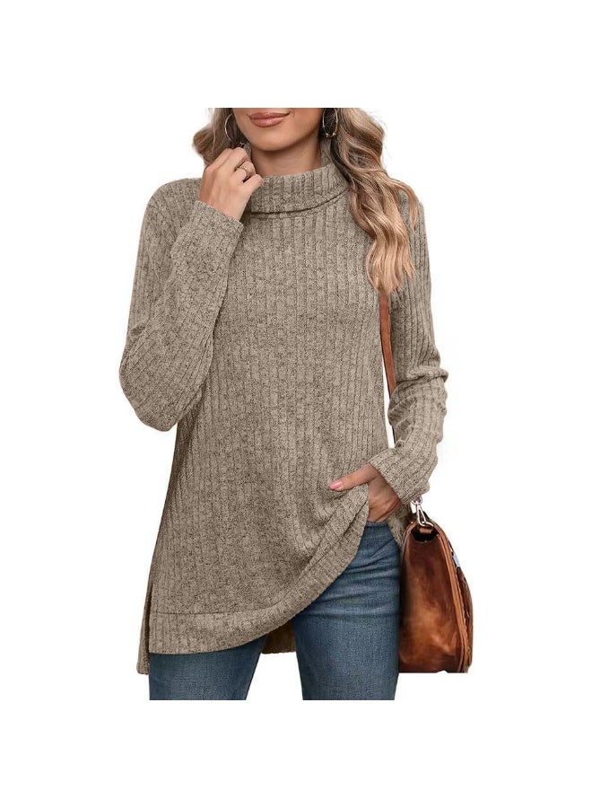 general Women's loose high-neck slit ribbed solid color T-shirt for autumn and winter 2025-2026 - Image 1