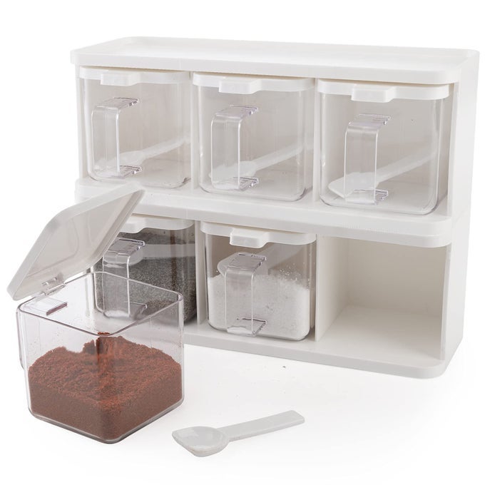 2 PACK 3 GRIDS CLEAR SEASONING BOX WITH HANDLE AND SPOON SEASONING STORAGE CONTAINER RACK COMBO SET WITH REMOVABLE CRUET JARS FOR SPICE SALT SUGAR