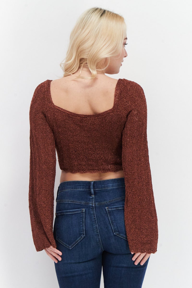 RIVER ISLAND Women Diamond Neck Long Sleeve Textured Top, Rust - Image 3